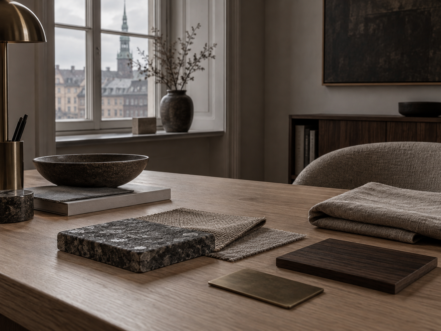 A working reference collection of fabric swatches, stone, and linen on a pale oak desk beneath a north-facing window.