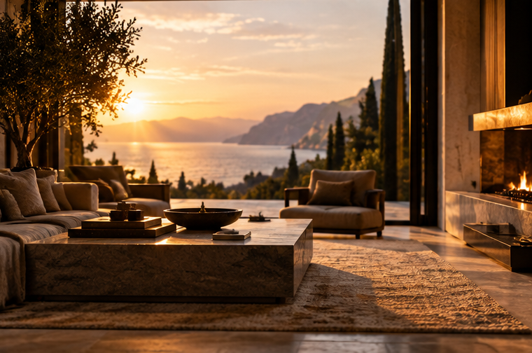A resolved living room at dusk overlooking the coast, closing the article on a complete atmospheric room experience.