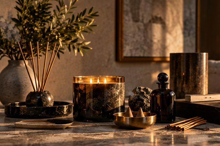 A close comparative object study of a diffuser, a candle, and an incense vessel.