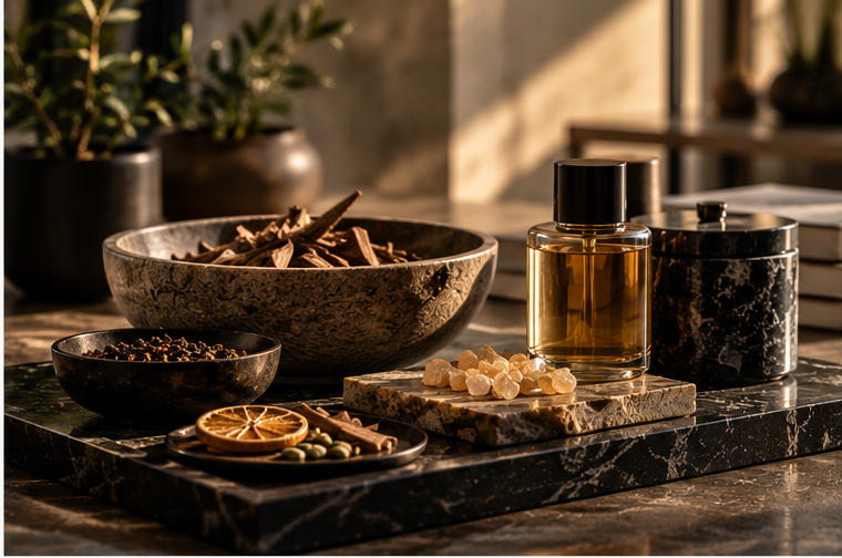 A curated still-life of aromatic materials — resin, dried citrus, cinnamon — evoking base, middle, and top notes.